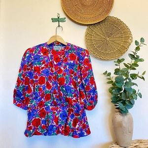 Vintage 80s 90s Adrianna Papell 100% Silk Floral Button Blouse/Jacket
